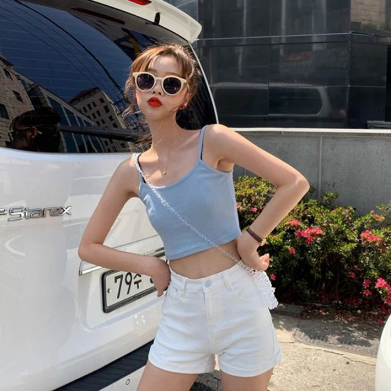 Square Neck Sleeveless Crop Top with Wide Straps Contemporary Streetwear Style