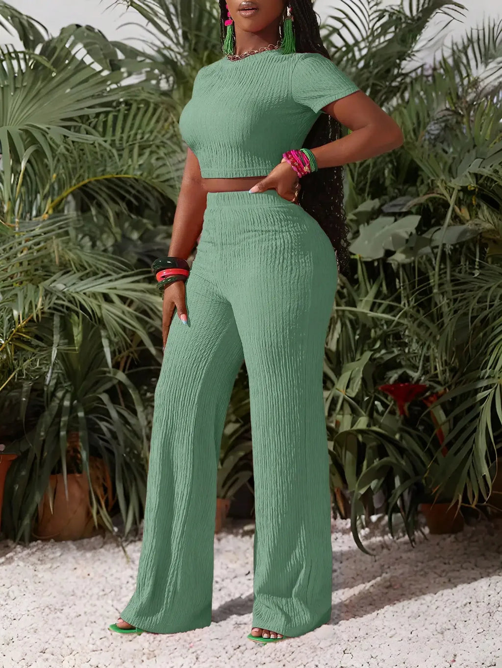 Women's Knit Crop Top and Wide Leg Pants Co-Ord Set