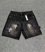 Men's Distressed Denim Shorts with Decorative Rhinestone Details and Modern Streetwear Style