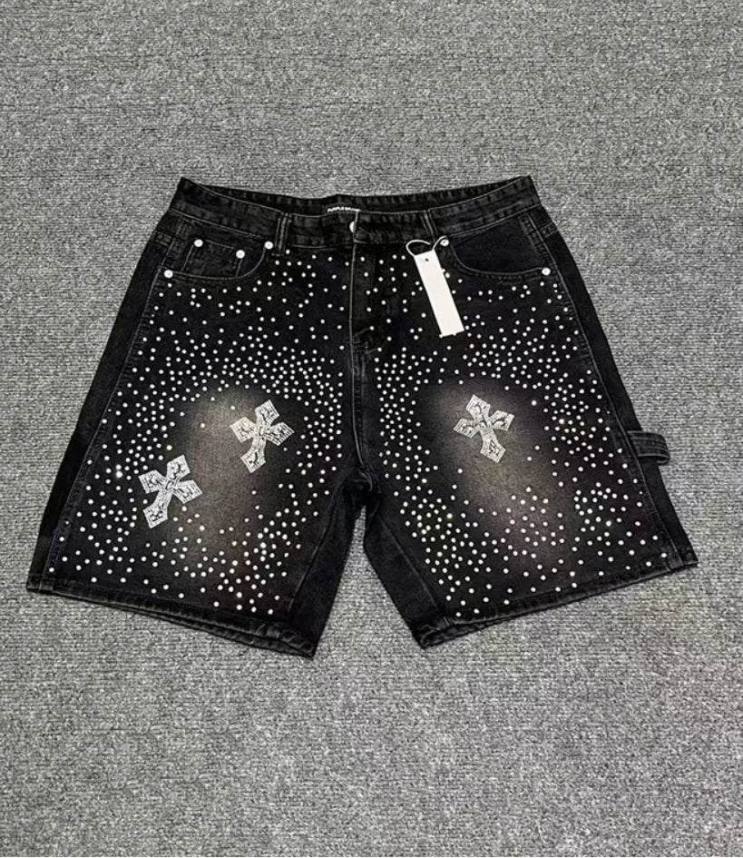 Men's Distressed Denim Shorts with Decorative Rhinestone Details and Modern Streetwear Style