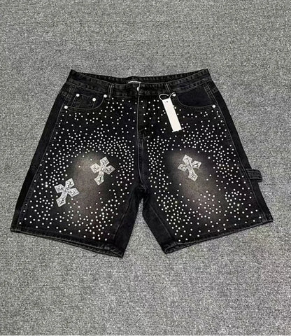 Men's Distressed Denim Shorts with Decorative Rhinestone Details and Modern Streetwear Style