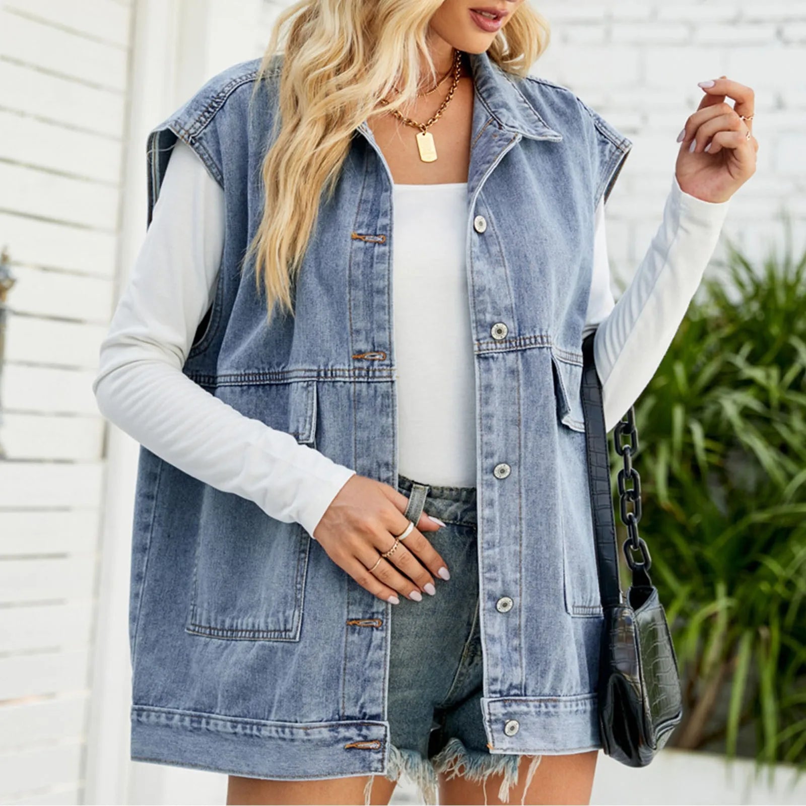 Women's Oversized Sleeveless Utility Vest with Button Front Layered Design