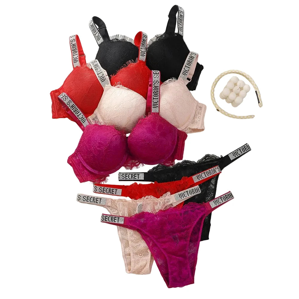 Eyelash Fringe Trim Push-Up Bra and Rhinestone Statement Thong Set
