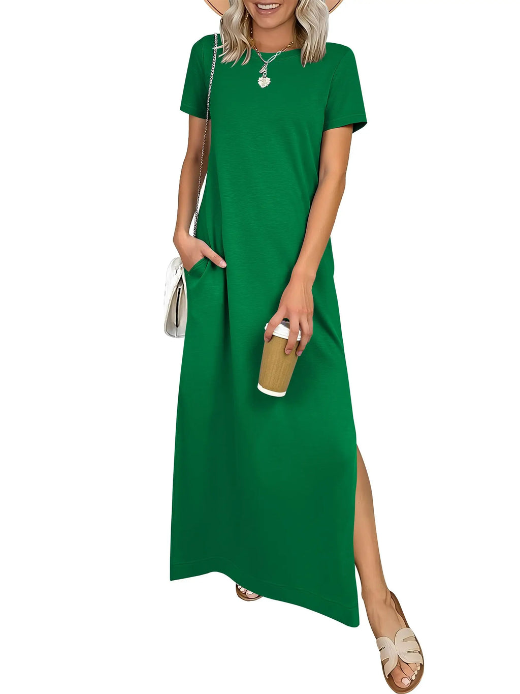 Relaxed Crew Neck Maxi Dress with Side Slits and Functional Pockets