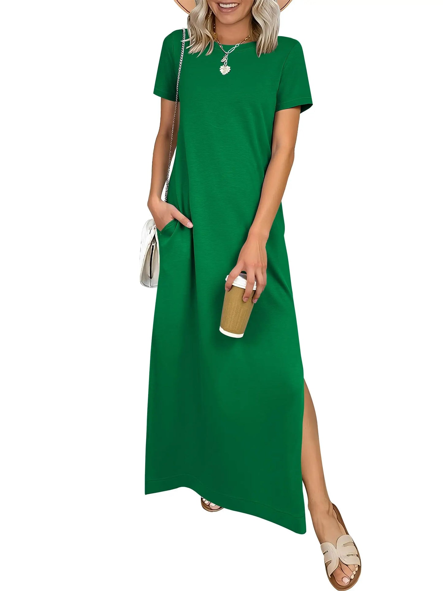 Relaxed Crew Neck Maxi Dress with Side Slits and Functional Pockets