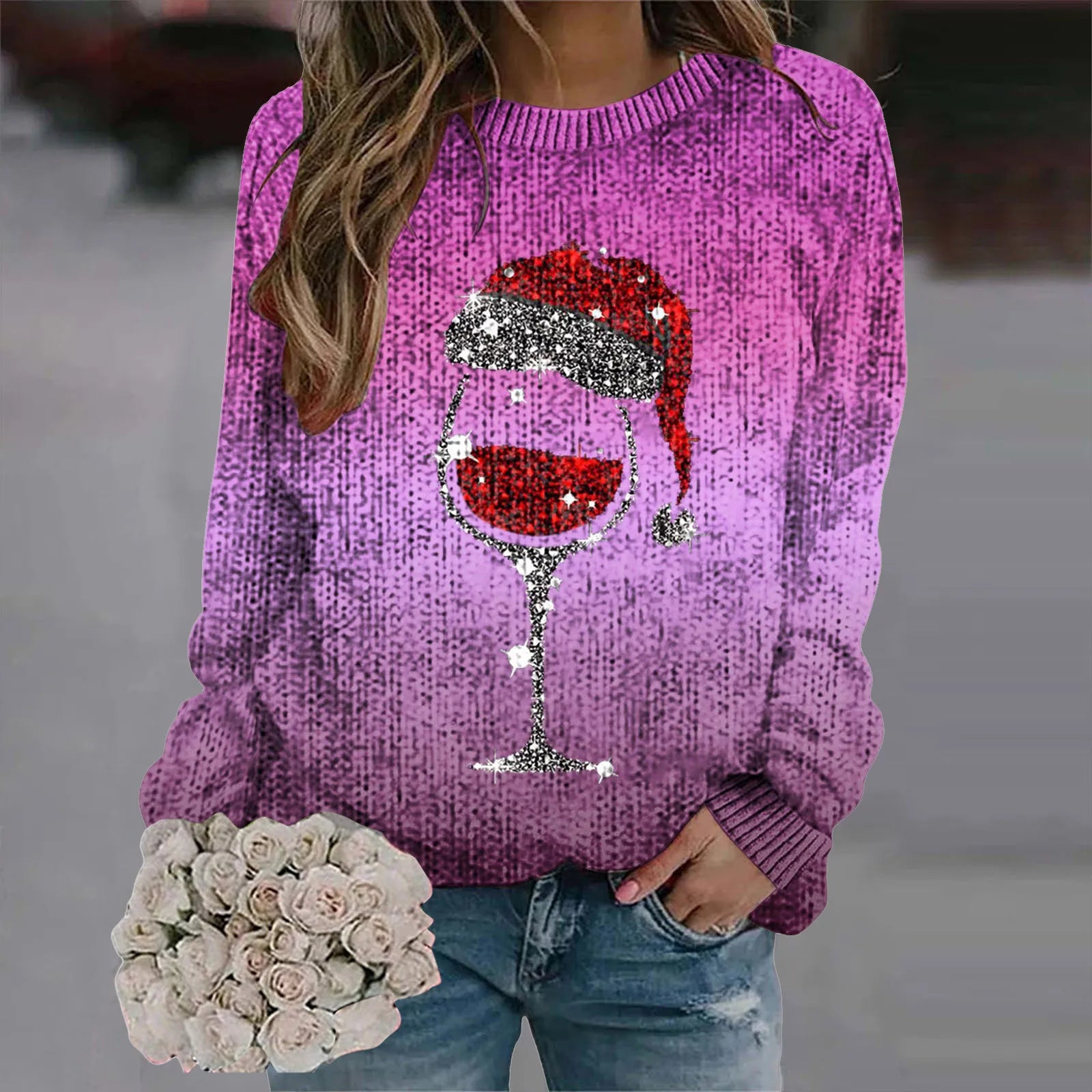 Women's Festive Graphic Crew Neck Thick Knit Pullover Sweater With Relaxed Fit