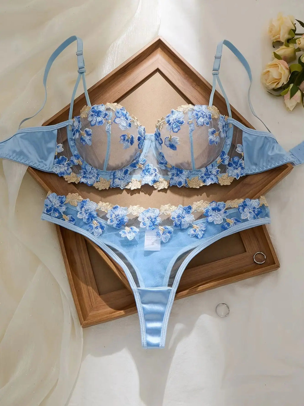 Romantic Light Blue Floral Appliqué Underwire Lingerie Set