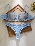 Romantic Light Blue Floral Appliqué Underwire Lingerie Set