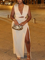 Sleeveless Sheath Maxi Dress with Deep V Neck and Side Slit