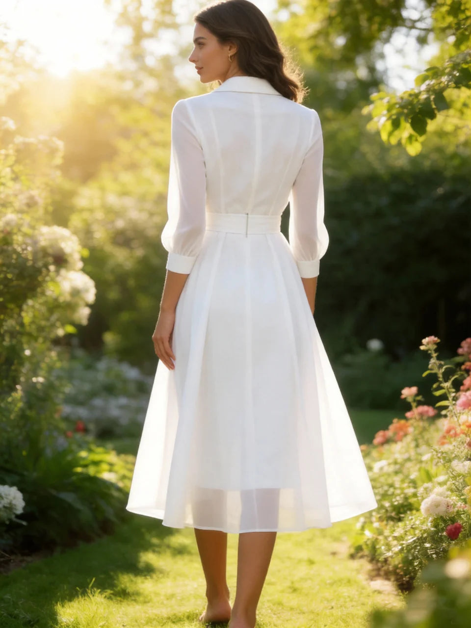 Sophisticated Double-Breasted White Midi Dress with Sheer Sleeves and Buckle Belt