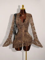 Sheer Lace Mini Dress with V-Neckline and Flared Sleeve Party Style