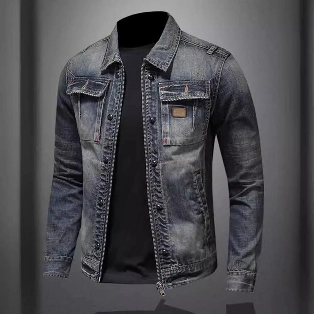 Vintage Washed Denim Layered Hooded Jacket with Padded Streetwear Outerwear Design