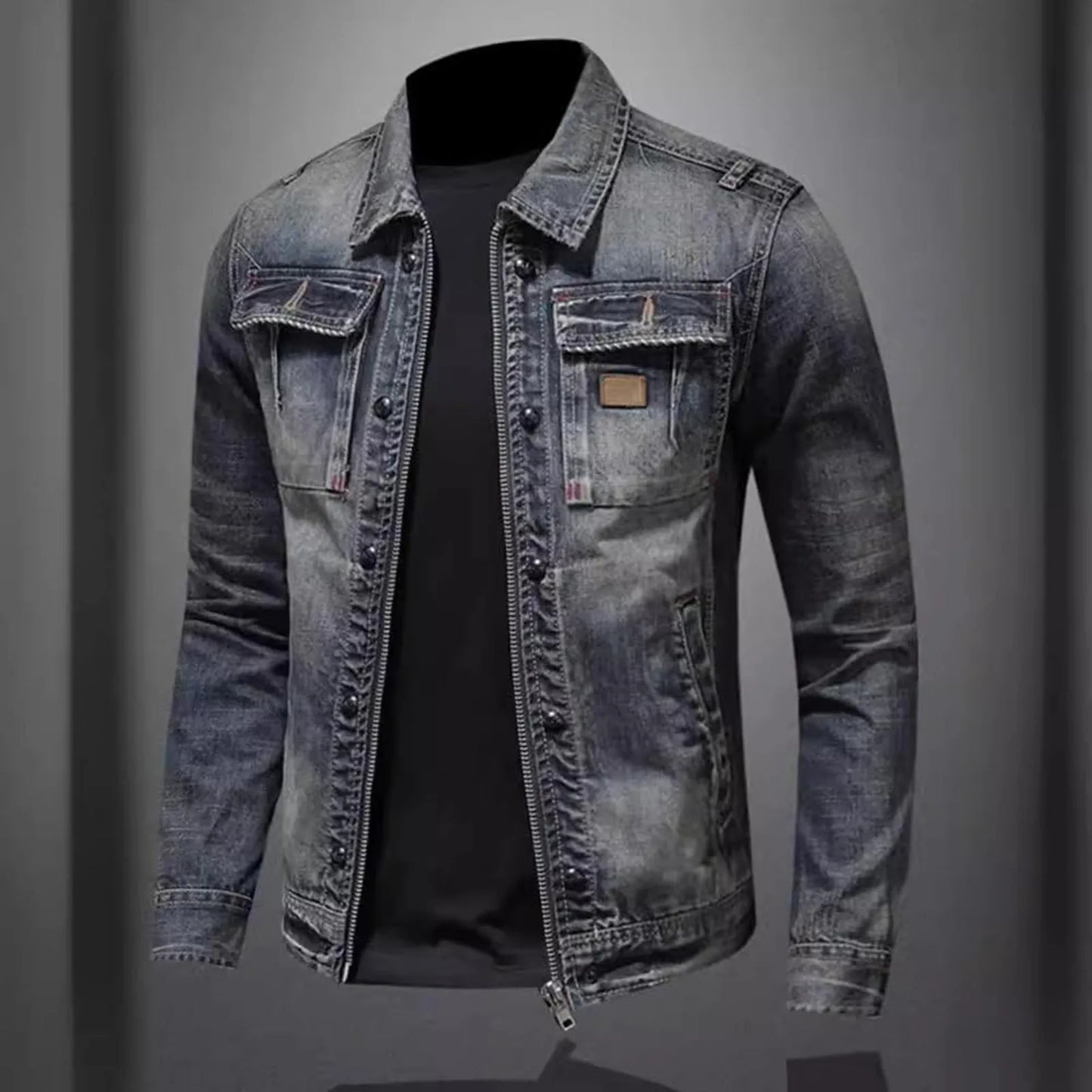 Vintage Washed Denim Layered Hooded Jacket with Padded Streetwear Outerwear Design