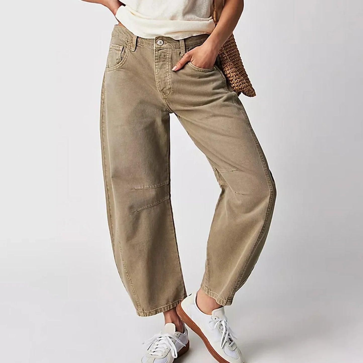 Women's Relaxed Cropped Barrel Leg Casual Trousers with Pocket Everyday Style