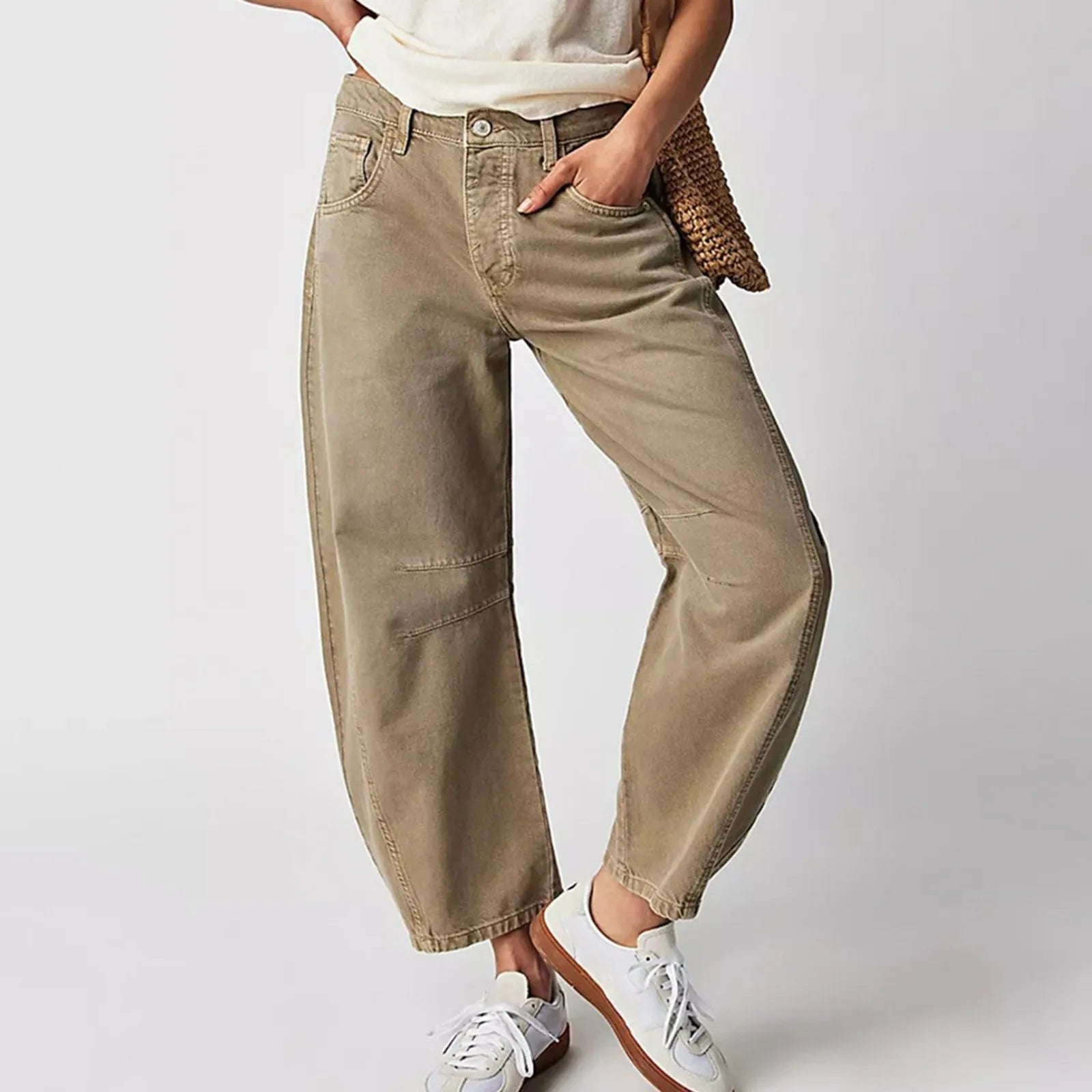 Women's Relaxed Cropped Barrel Leg Casual Trousers with Pocket Everyday Style