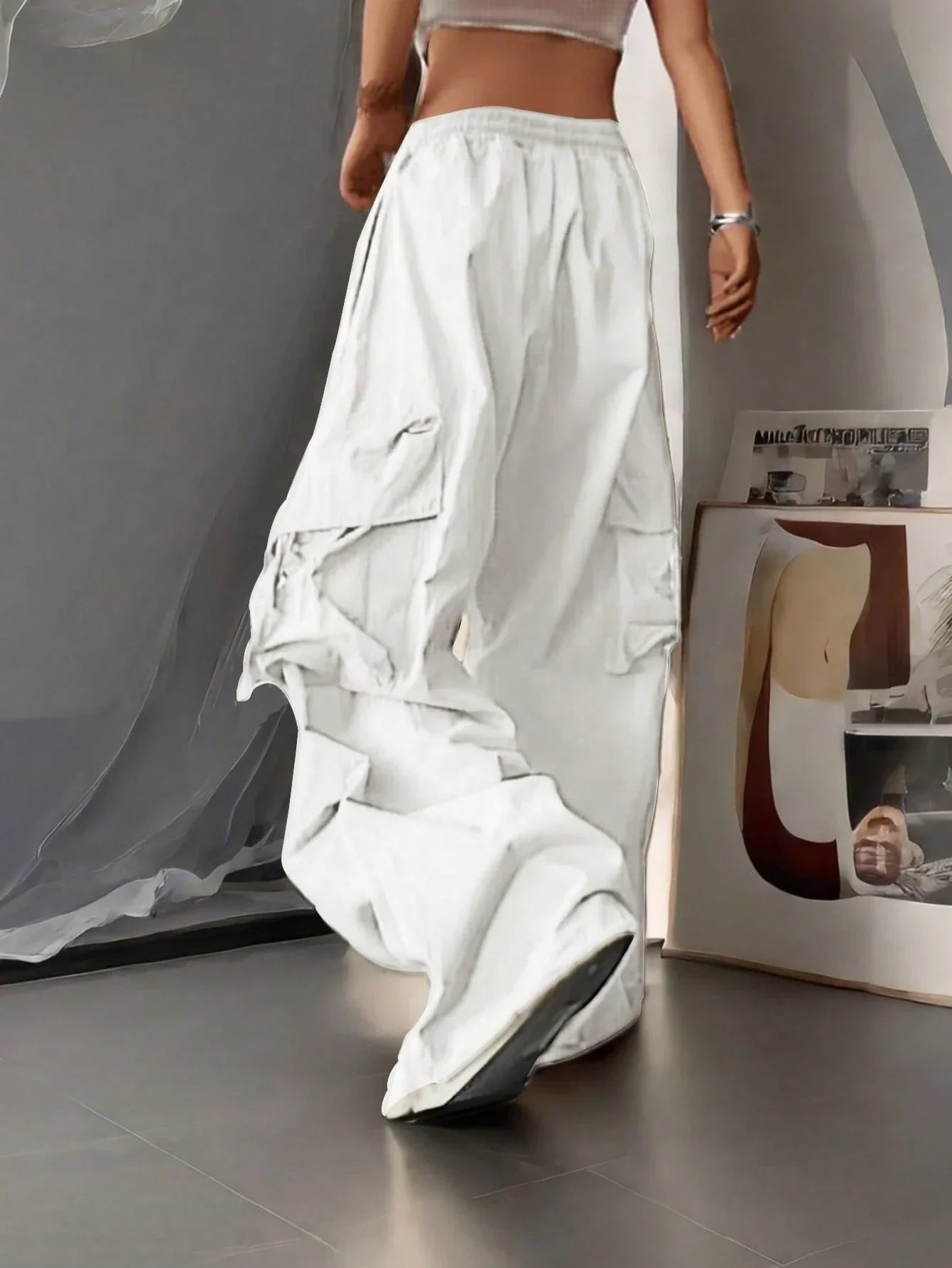 High Waist Cargo Pants with Flap Pockets Relaxed Wide Leg Streetwear Trousers