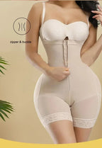 Open-Bust Zip-Front Mid-Thigh Shaping Bodysuit with Adjustable Straps