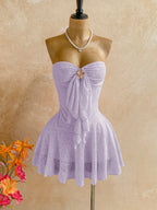 Pink Strapless Lace Mini Night Dress with Sweetheart Neckline, Front Ruffle and Floral Brooch Detail, Flared Skirt Silhouette
