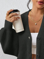 Women's Ribbed V Neck Button Front Cardigan with Cropped Relaxed Fit