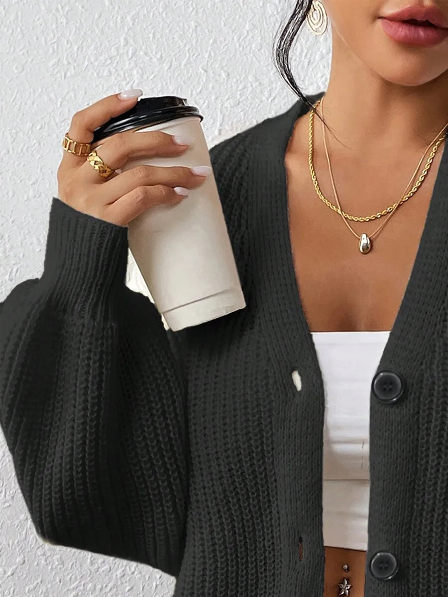 Women's Ribbed V Neck Button Front Cardigan with Cropped Relaxed Fit