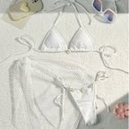Earthy Textured Three-Piece Triangle Bikini Set with Cowrie Shell Accents and Net Skirt