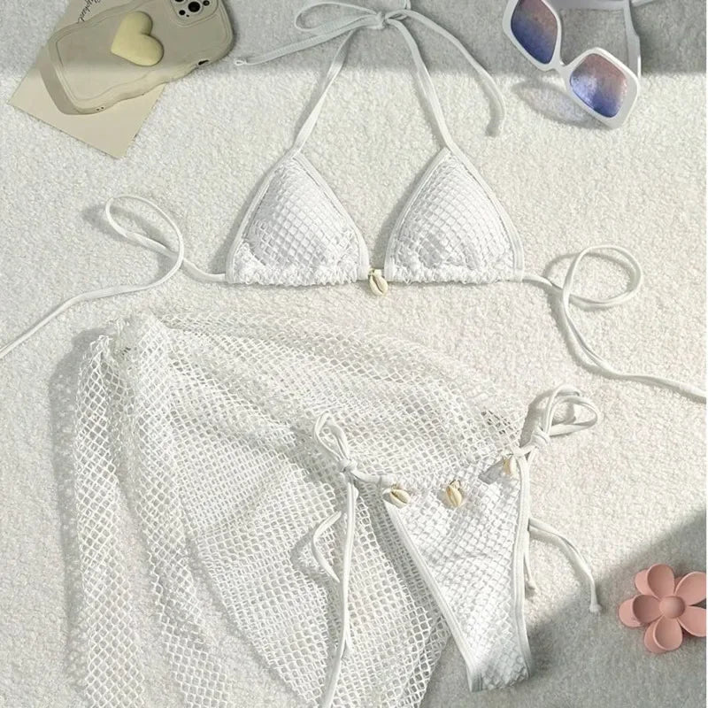 Earthy Textured Three-Piece Triangle Bikini Set with Cowrie Shell Accents and Net Skirt