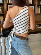 Striped Asymmetrical Crop Top with Tie Waist Detail Contemporary Summer Style