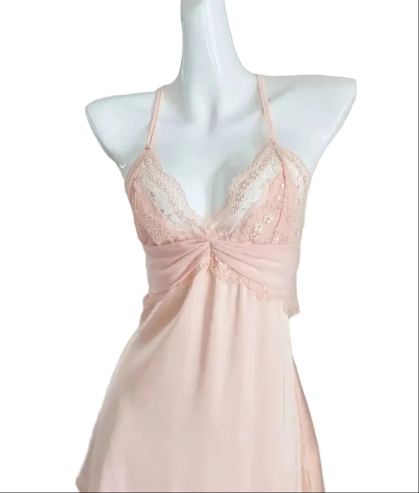 Soft Blush Pink Satin-Finish Nightgown with Sheer Lace Bodice and Halter Straps