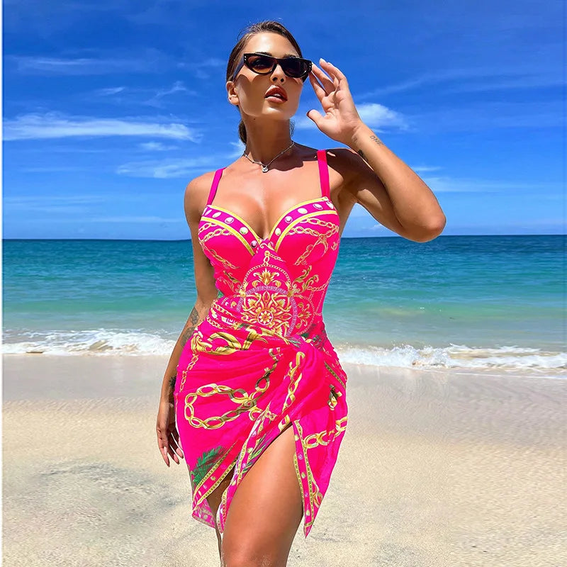 Royal Blue Baroque Print Swim Set with Structured Top and Matching Wrap Skirt
