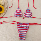 Black Triangle String Bikini with Blue Floral Print and White Contrast Binding