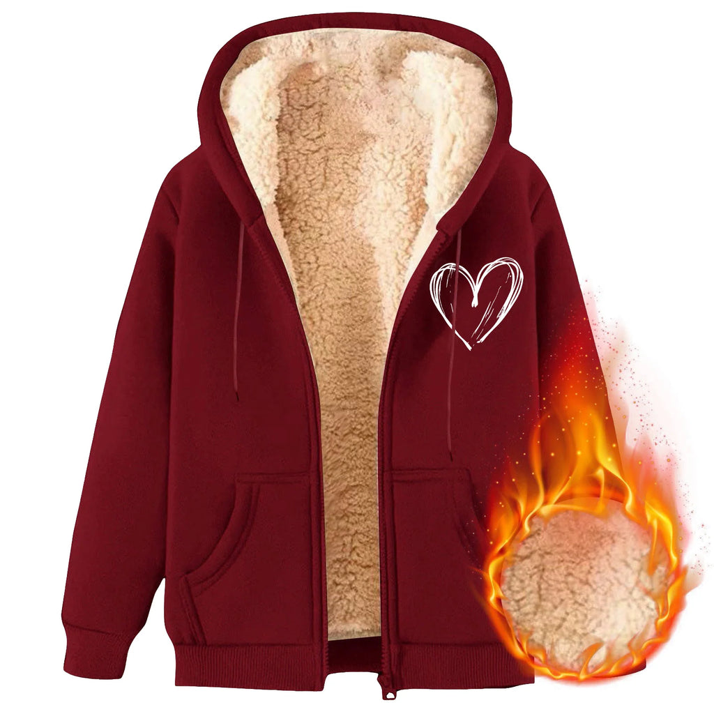 Women's Hooded Plush Fleece Zip Jacket with Heart Graphic Everyday Streetwear Style