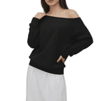 Off-Shoulder Relaxed Fit Knit Pullover Sweater with Long Sleeves and Side Pocket