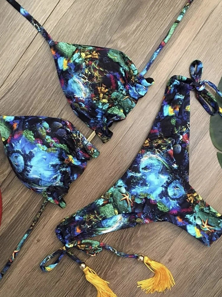 Tropical Palm Print Triangle Bikini Set with Twisted Rope Strap Details
