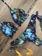 Tropical Palm Print Triangle Bikini Set with Twisted Rope Strap Details