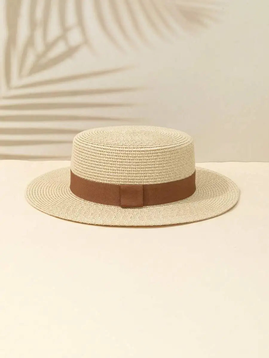 Women's Woven Straw Sun Hat with Decorative Band for Beach Vacation and Casual Wear