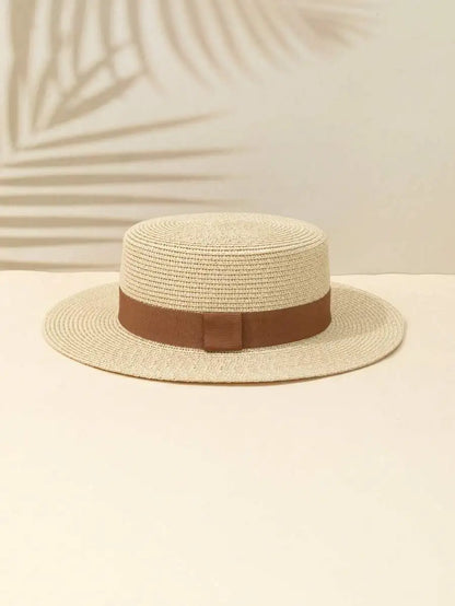 Women's Woven Straw Sun Hat with Decorative Band for Beach Vacation and Casual Wear