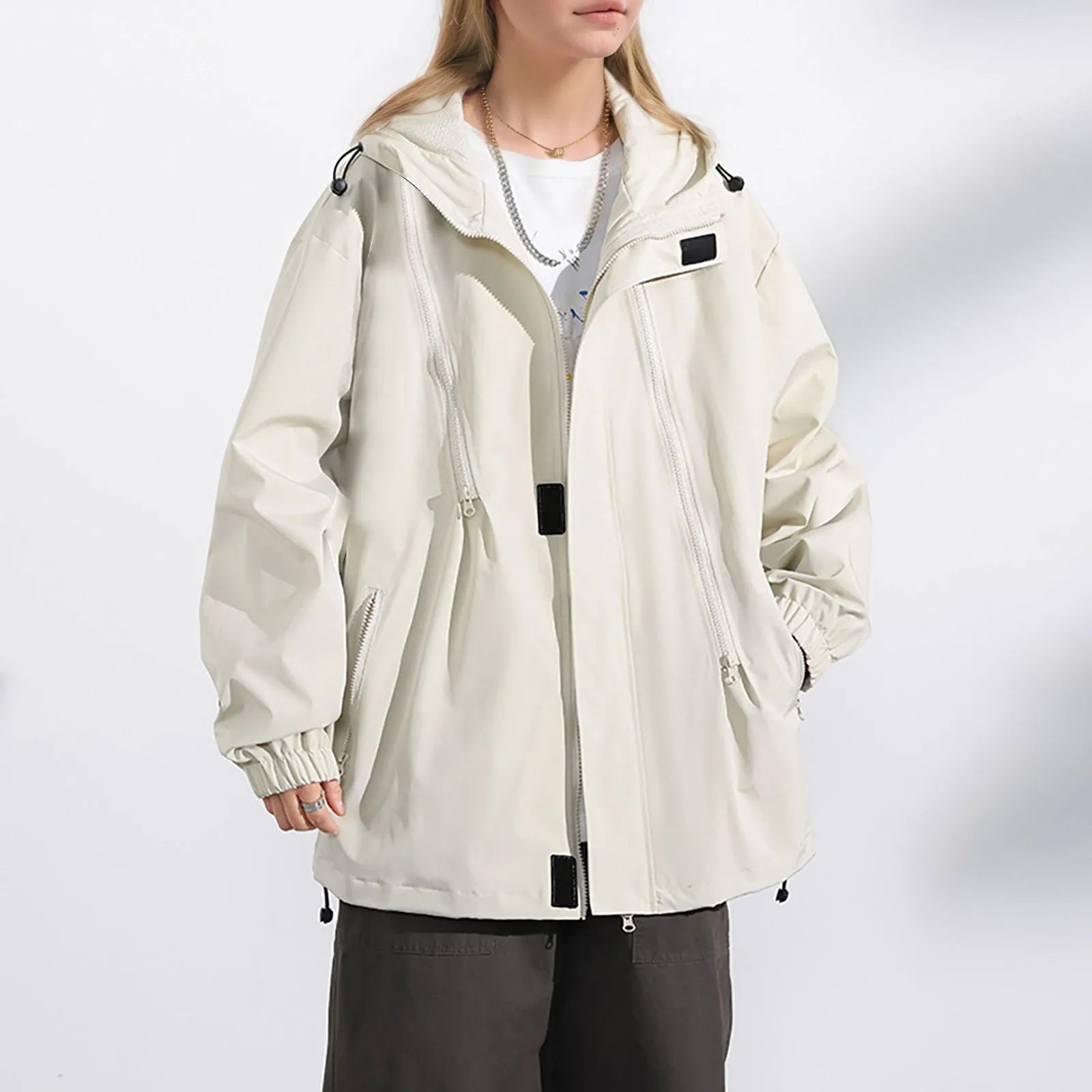 Women's Lightweight Hooded Windbreaker Jacket with Relaxed Utility Streetwear Layering Style