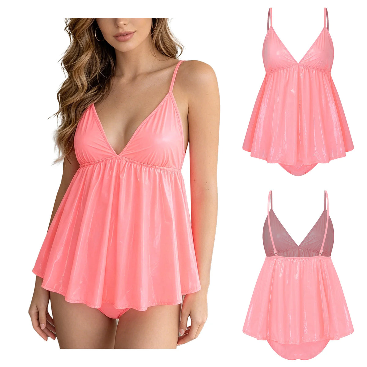Vibrant V-Neck Babydoll and Matching Panty Set with Flowing Silhouette