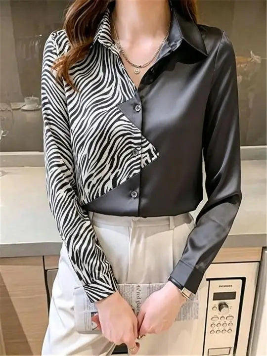 Dynamic Leopard Print and Solid Black Spliced Button-Down Blouse