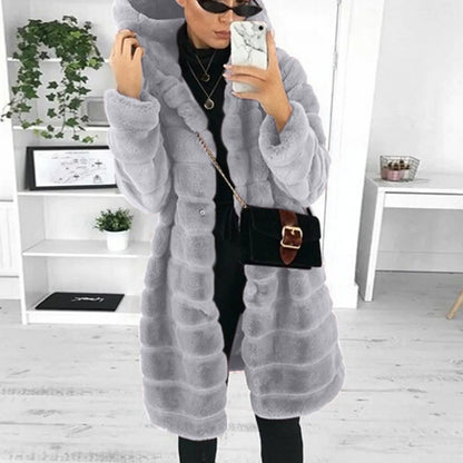 Women's Long Hooded Faux Fur Coat Plush Winter Warm Casual Statement Outerwear