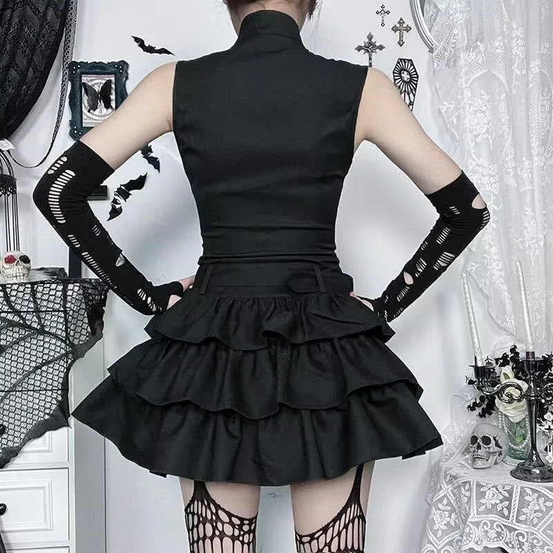 Structured Gothic Mini Dress with Utility-Inspired Alternative Fashion Details