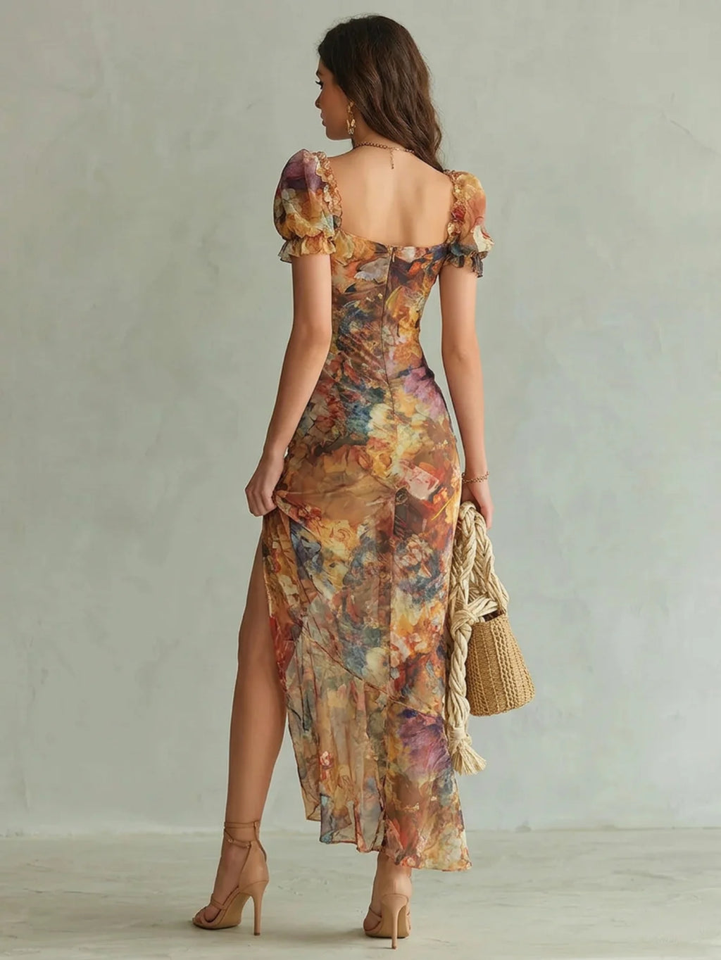 Vintage-Inspired Floral Ruched Midi Dress with Puff Sleeves and High Slit
