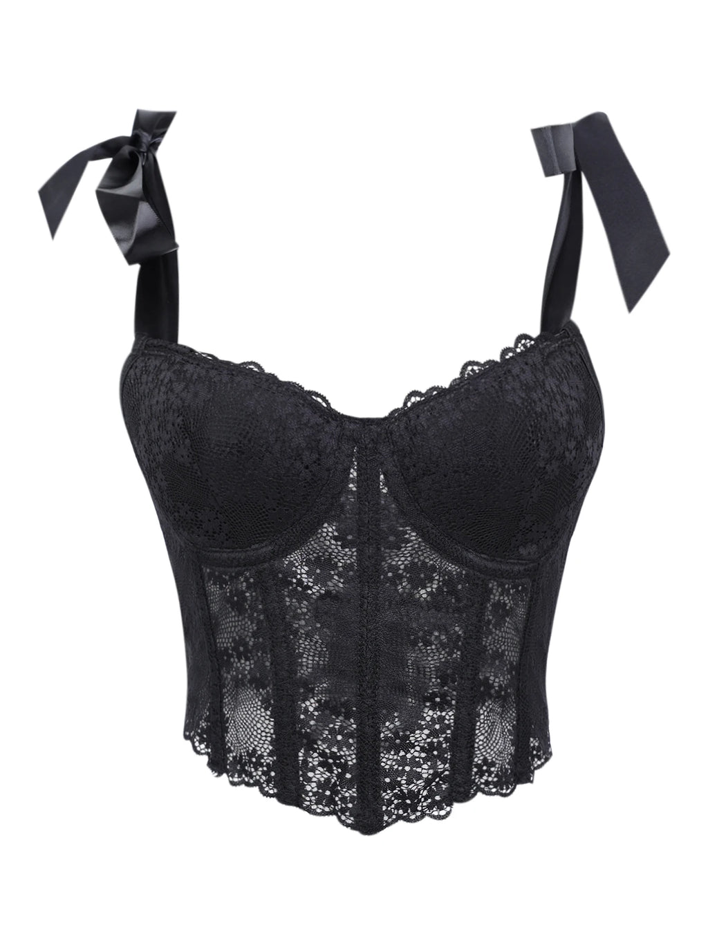 Midnight Black Floral Lace Cropped Bustier with Adjustable Bow-Tie Straps