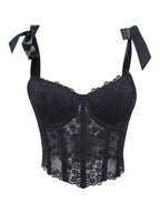 Midnight Black Floral Lace Cropped Bustier with Adjustable Bow-Tie Straps