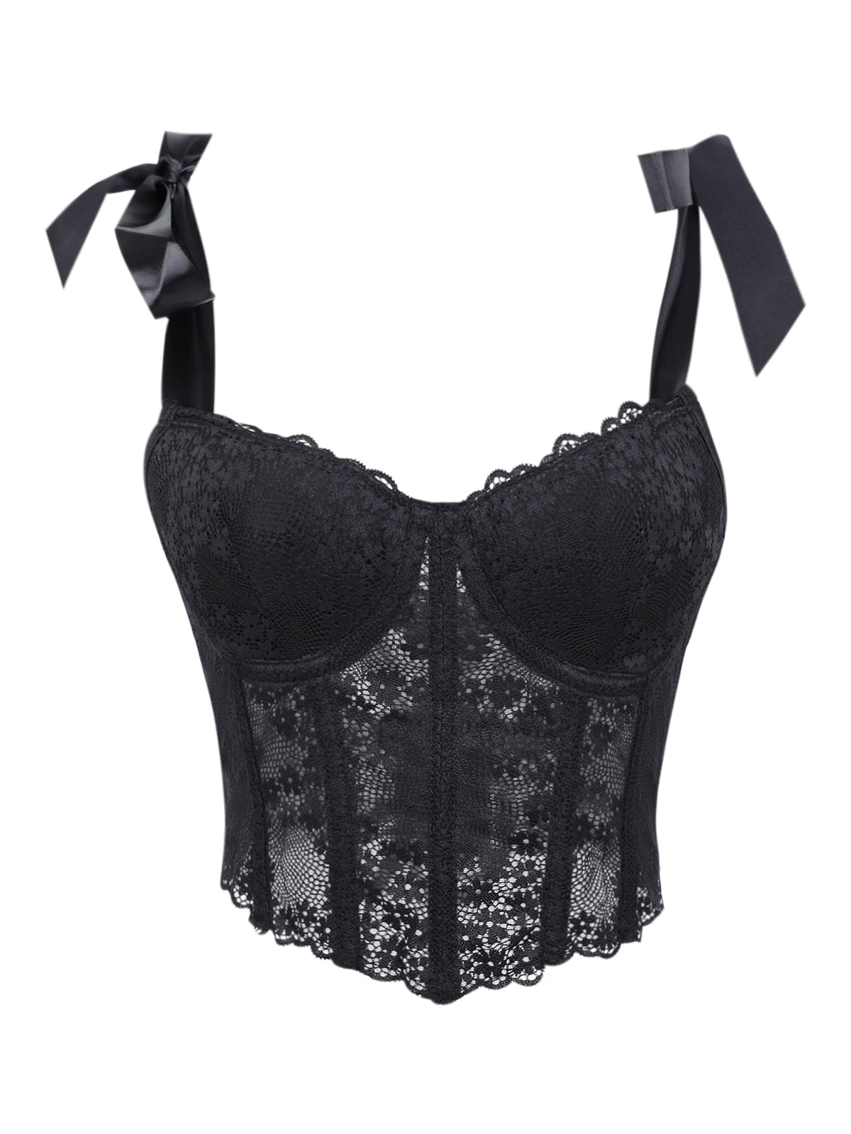 Midnight Black Floral Lace Cropped Bustier with Adjustable Bow-Tie Straps