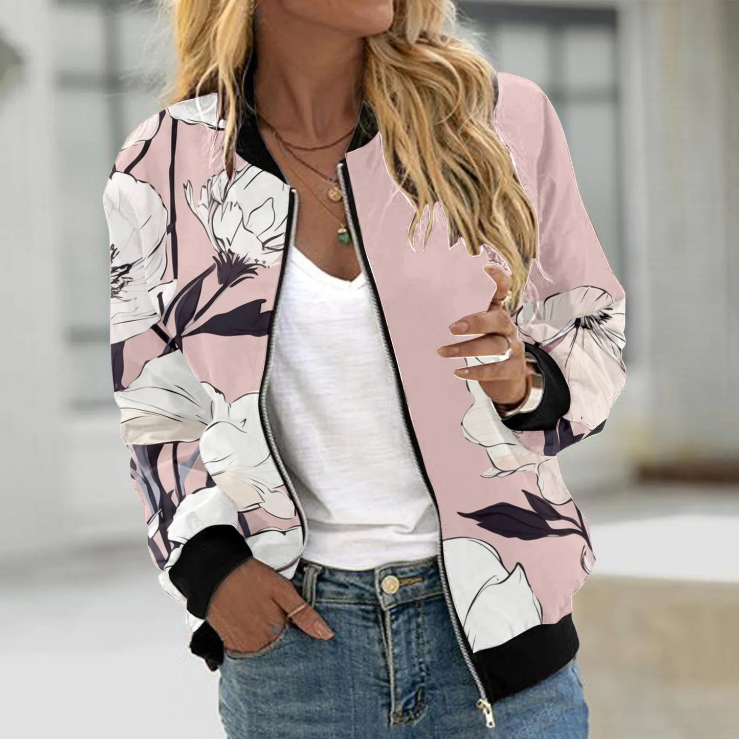 Women's Floral Print Bomber Jacket with Zip Front Contemporary Casual Streetwear Style