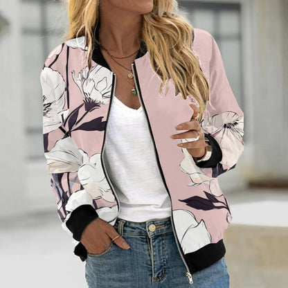 Women's Floral Print Bomber Jacket with Zip Front Contemporary Casual Streetwear Style