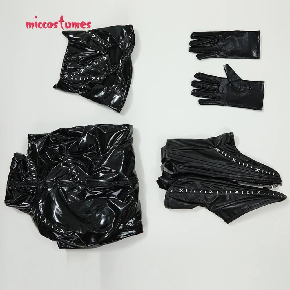 Women's Zip Front Faux Leather Catsuit with Corset, Gloves and Hooded Headpiece Set