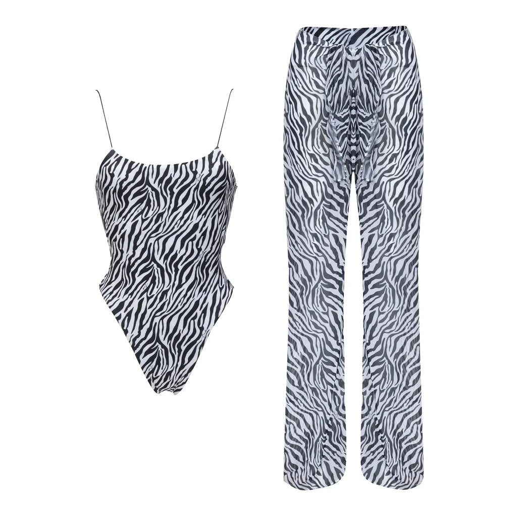 Three-Piece Zebra Print Swimwear Set with Matching Sheer Mesh Pants