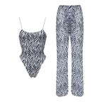 Three-Piece Zebra Print Swimwear Set with Matching Sheer Mesh Pants